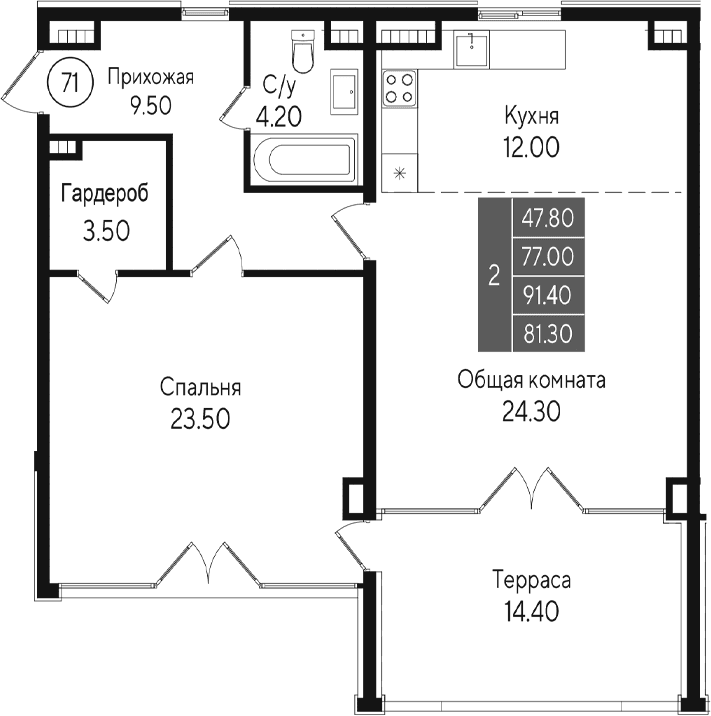 2-комн., 77 м²