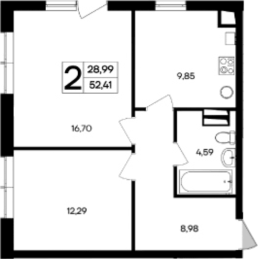 2-комн., 52.41 м²