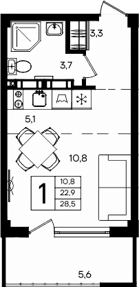 Студия, 22.9 м²