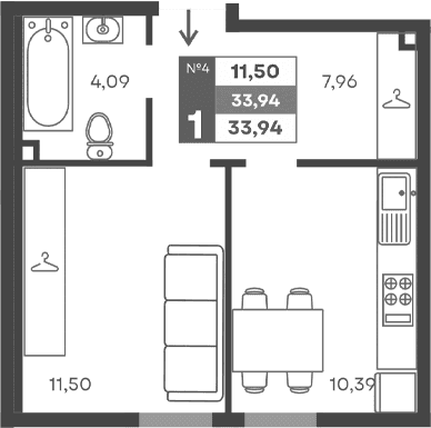 1-комн., 33.94 м²
