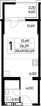 Студия, 28.49 м²