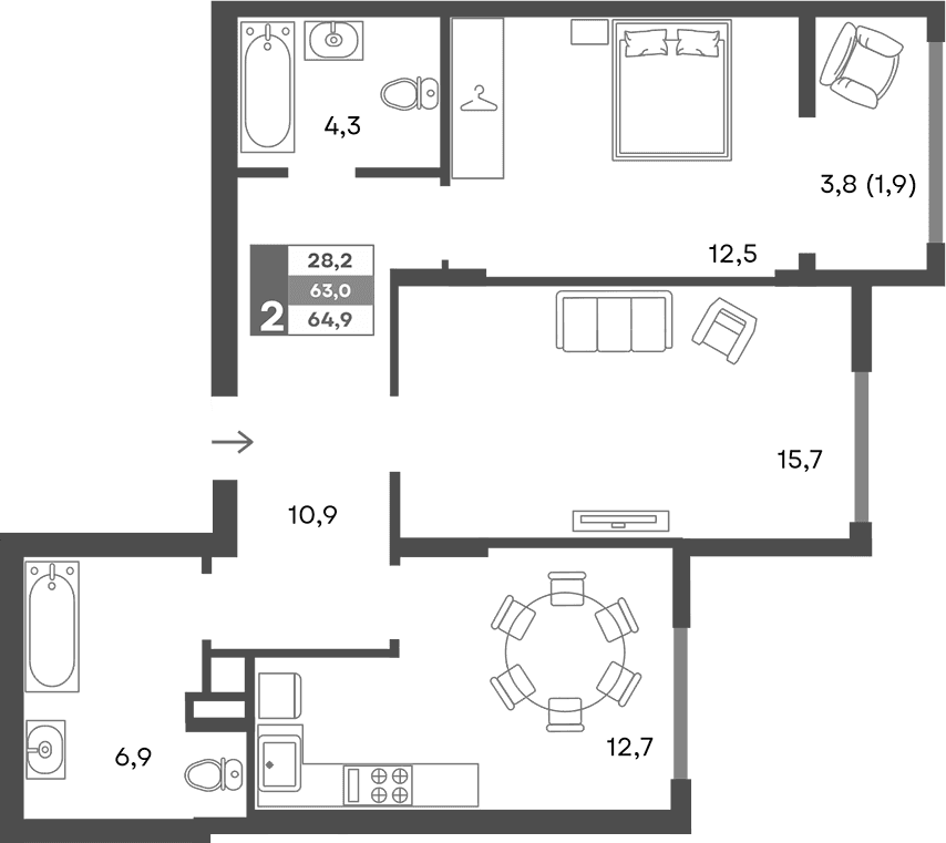 2-комн., 63 м²