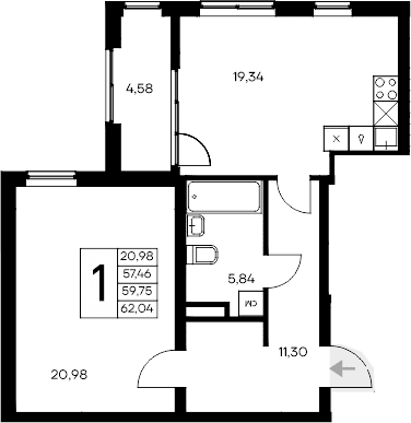 1-комн., 57.46 м²
