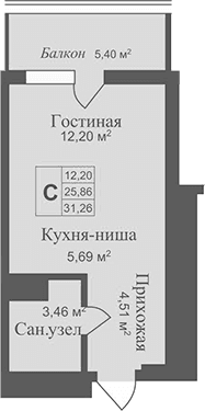 Студия, 25.86 м²