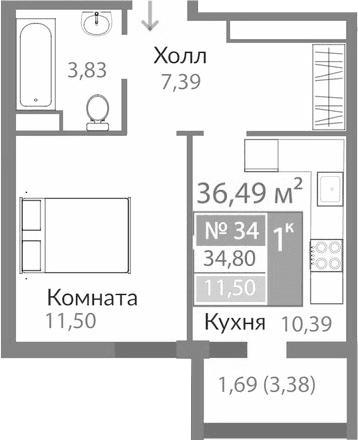 1-комн., 33.11 м²