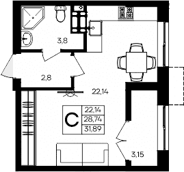 Студия, 28.74 м²