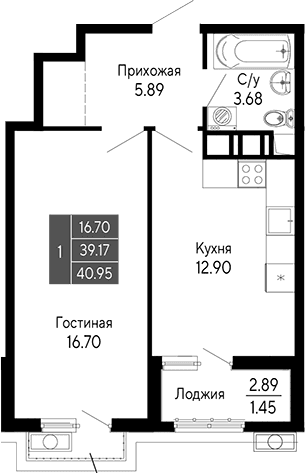 1-комн., 39.17 м²