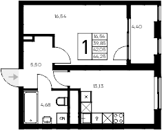 1-комн., 39.85 м²