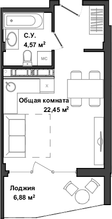 Студия, 26.62 м²