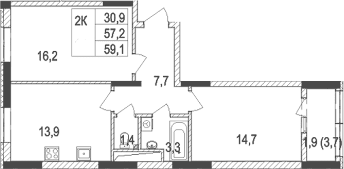 2-комн., 57.2 м²