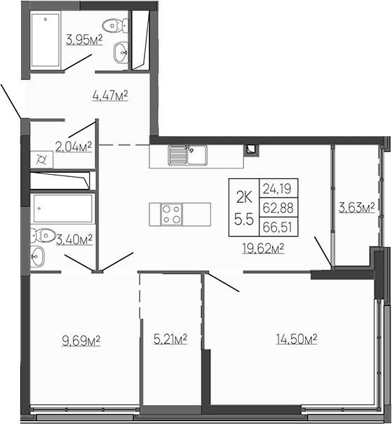 2-комн., 62.88 м²