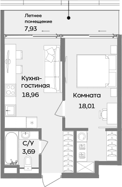 1-комн., 40.66 м²