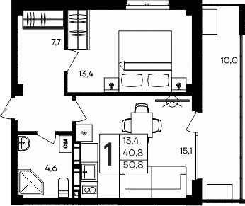 1-комн., 40.8 м²