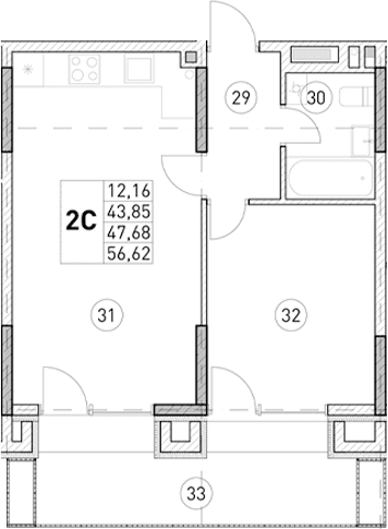 1-комн., 43.85 м²