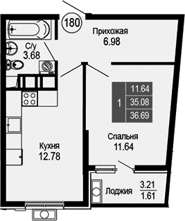 1-комн., 35.08 м²