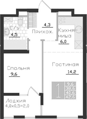 2-комн., 38.6 м²