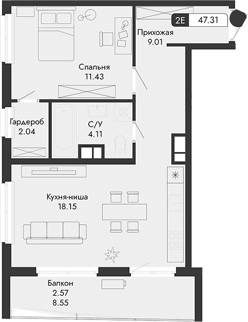 2-комн., 44.74 м²