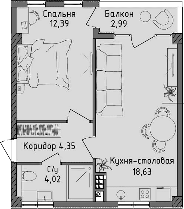 2-комн., 39.39 м²
