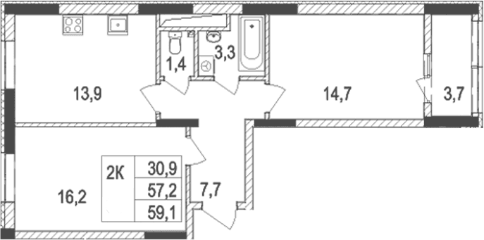 2-комн., 57.2 м²
