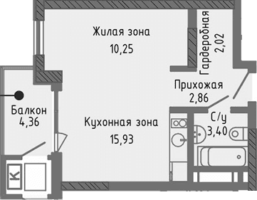 Студия, 34.46 м²