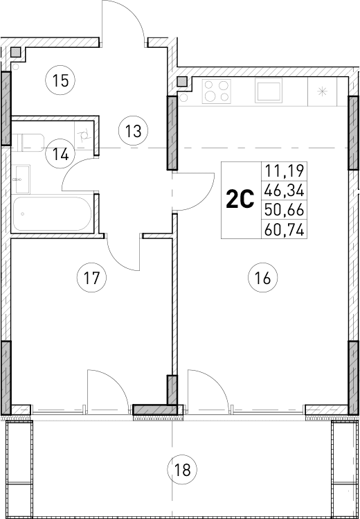 1-комн., 46.34 м²