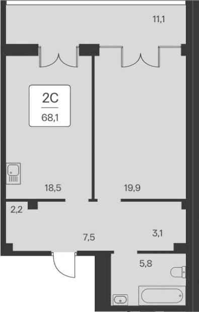 1-комн., 57 м²