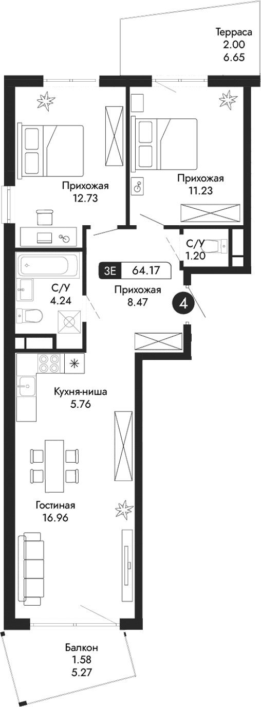 3-комн., 60.59 м²