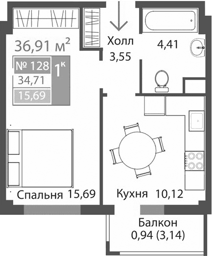 1-комн., 33.77 м²
