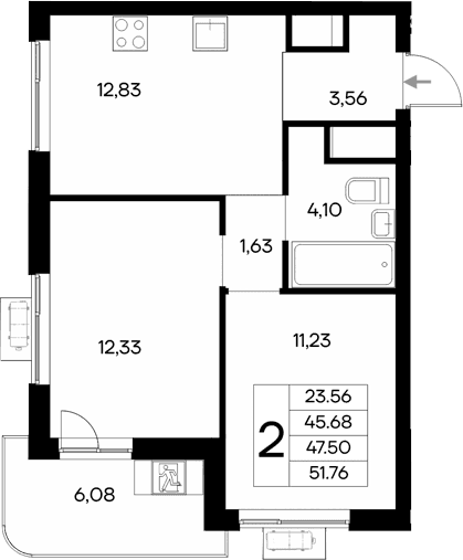 2-комн., 45.68 м²