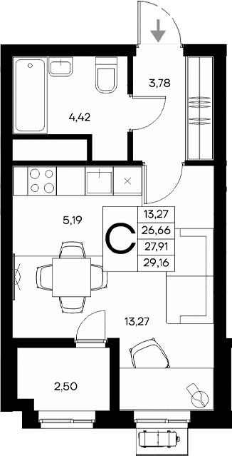 Студия, 26.66 м²