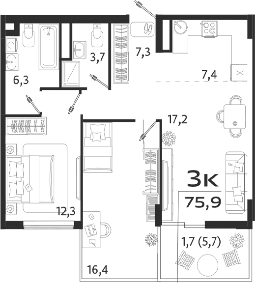 3-комн., 70.2 м²