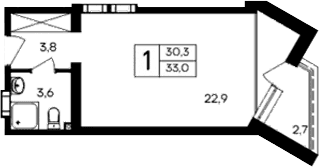 Студия, 30.3 м²