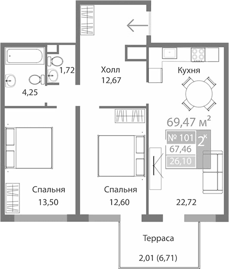 2-комн., 67.46 м²