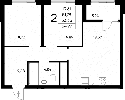 2-комн., 51.73 м²