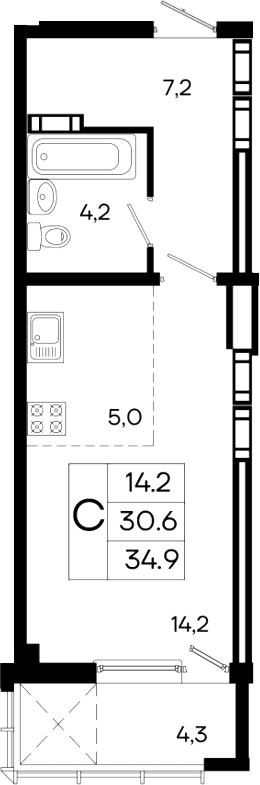 Студия, 30.6 м²