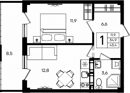1-комн., 34.9 м²