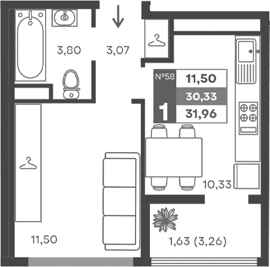 1-комн., 28.7 м²