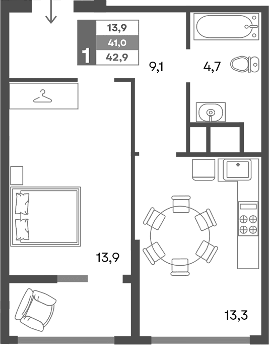 1-комн., 41 м²