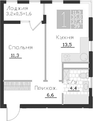 1-комн., 35.8 м²