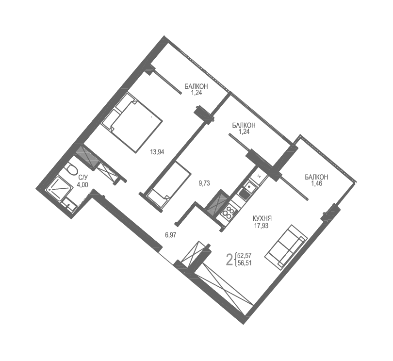 2-комн., 52.57 м²
