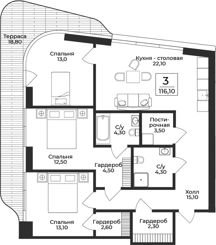 3-комн., 97.3 м²