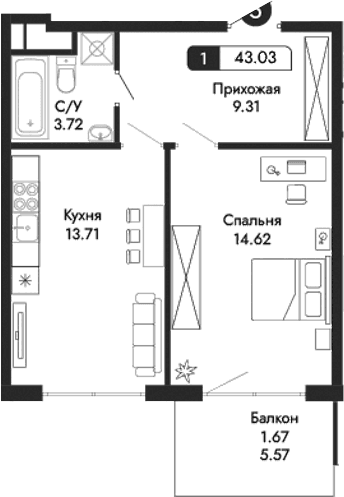 1-комн., 41.36 м²
