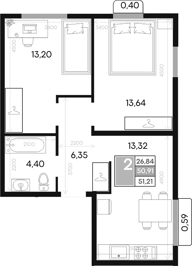 2-комн., 50.91 м²
