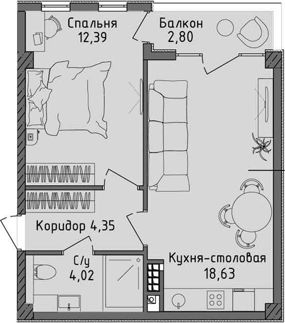 2-комн., 39.39 м²