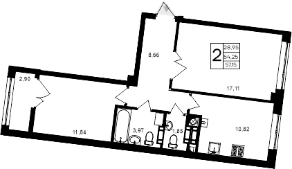 2-комн., 54.25 м²