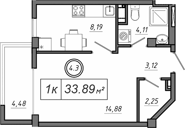 1-комн., 32.55 м²