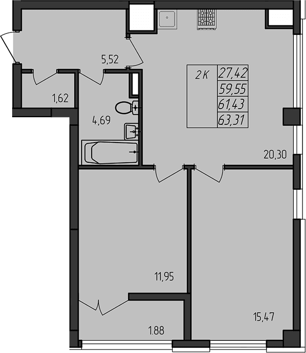 2-комн., 59.55 м²