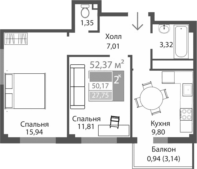 2-комн., 49.23 м²