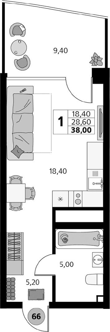 Студия, 28.6 м²
