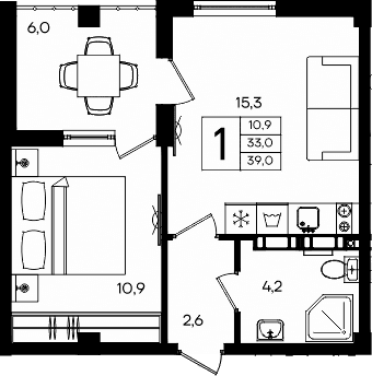 1-комн., 33 м²